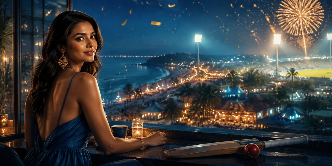 Festive cricket betting promotions with vibrant blue and gold colors in Goa